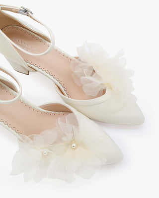Satin Block Heels Wedding Shoes with Ophelia Flowers