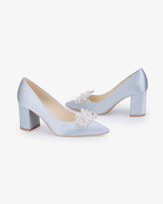 Light Blue Satin Pointy Toe Block Heels Wedding Pumps with Frosted Bloom