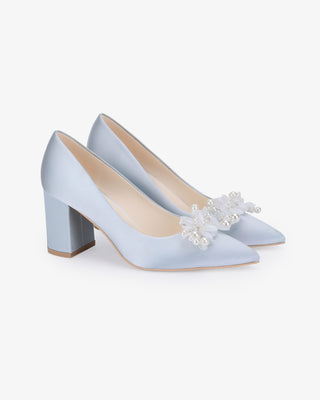 Light Blue Satin Pointy Toe Block Heels Wedding Pumps with Frosted Bloom