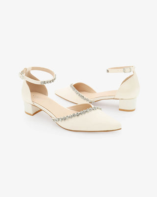 Ivory Satin Pointy Toe Low Block Heels Wedding Shoes with Amaryllis Embellishments