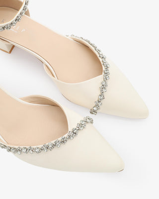 Ivory Satin Pointy Toe Low Block Heels Wedding Shoes with Amaryllis Embellishments