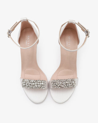 white satin high heel wedding sandals with rhinestones embellishments