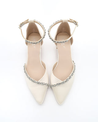 Satin Pointy Toe Low Block Heels Wedding Shoes with Amaryllis Embellishments