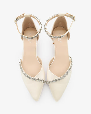 Ivory Satin Pointy Toe Low Block Heels Wedding Shoes with Amaryllis Embellishments