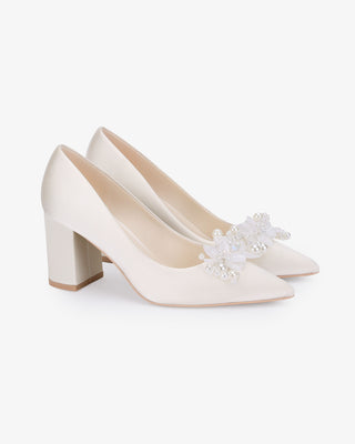 Ivory Satin Pointy Toe Block Heels Wedding Pumps with Frosted Bloom