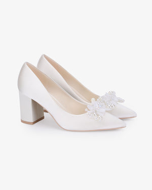 Satin Pointy Toe Block Heels Wedding Pumps with Frosted Bloom