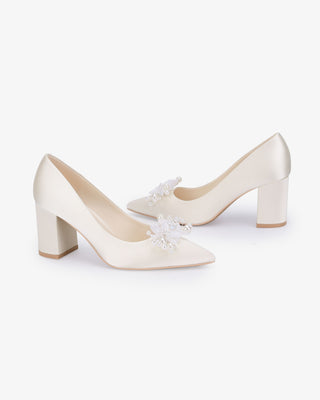Ivory Satin Pointy Toe Block Heels Wedding Pumps with Frosted Bloom