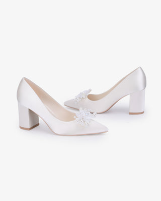 White Satin Pointy Toe Block Heels Wedding Pumps with Frosted Bloom