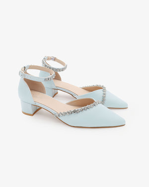 Satin Pointy Toe Low Block Heels Wedding Shoes with Amaryllis Embellishments