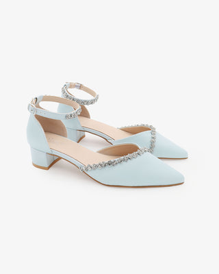 Light Blue Satin Pointy Toe Low Block Heels Wedding Shoes with Amaryllis Embellishments