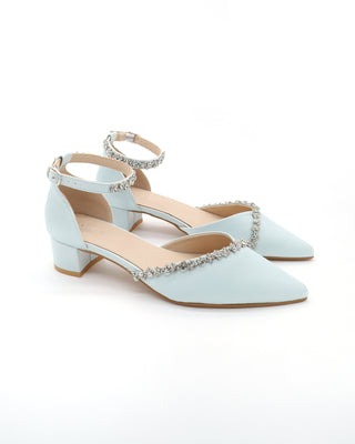 Satin Pointy Toe Low Block Heels Wedding Shoes with Amaryllis Embellishments