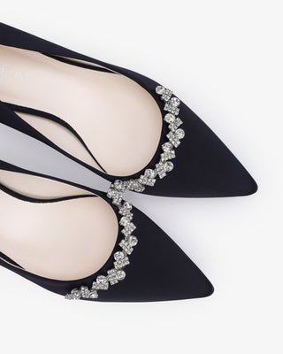 Black Satin Pointy Toe Block Heels Evening Pumps with Astoria Crystal