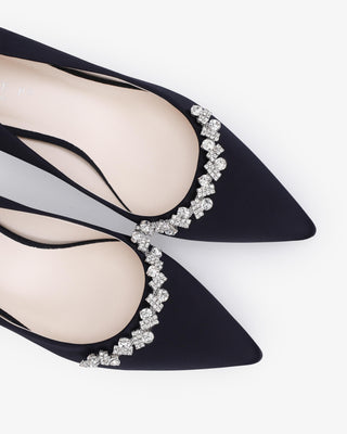 Black Satin Pointy Toe Low Block Heels Evening Pumps with Astoria Crystal