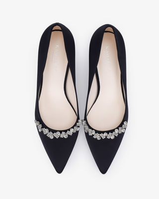 Black Satin Pointy Toe Block Heels Evening Pumps with Astoria Crystal
