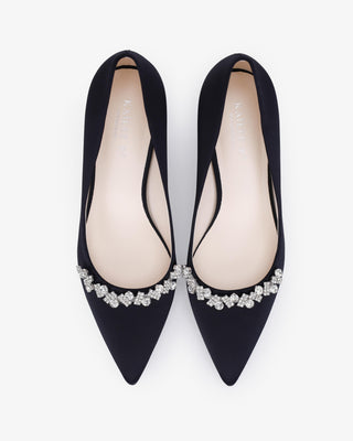 Black Satin Pointy Toe Low Block Heels Evening Pumps with Astoria Crystal