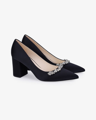 Black Satin Pointy Toe Block Heels Evening Pumps with Astoria Crystal
