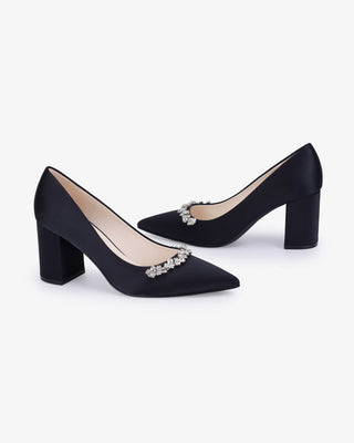 Black Satin Pointy Toe Block Heels Evening Pumps with Astoria Crystal