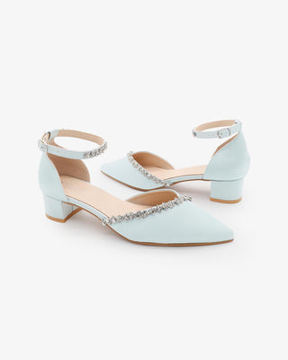Light Blue Satin Pointy Toe Low Block Heels Wedding Shoes with Amaryllis Embellishments