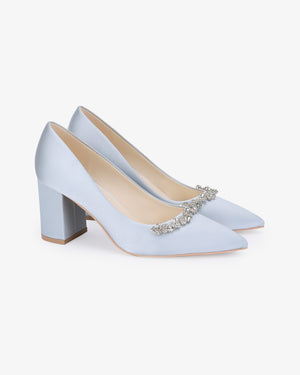 Satin Pointy Toe Block Heels Wedding Pumps with Astoria Crystal