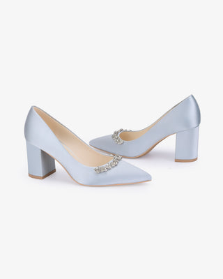 Light Blue Satin Pointy Toe Block Heels Wedding Pumps with Astoria Crystal