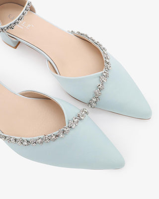 Light Blue Satin Pointy Toe Low Block Heels Wedding Shoes with Amaryllis Embellishments