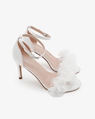 White Satin High Heel Wedding Sandals with Ophelia Ruffles Organza