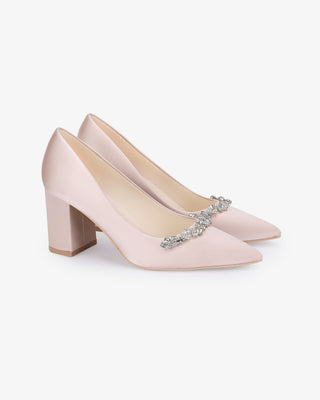 Dusty Pink Satin Pointy Toe Block Heels Evening Pumps with Astoria Crystal