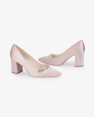 Dusty Pink Satin Pointy Toe Block Heels Evening Pumps with Astoria Crystal