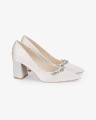 Ivory Satin Pointy Toe Block Heels Wedding Pumps with Astoria Crystal