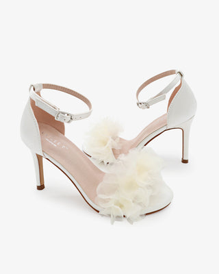 Ivory Satin High Heel Wedding Sandals with Ophelia Ruffles Organza