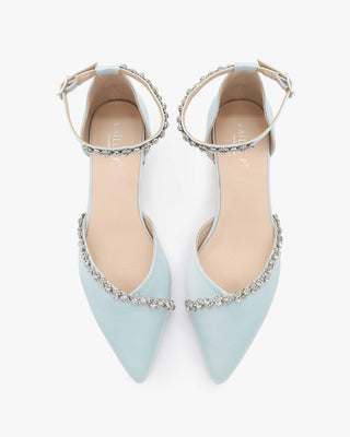 Light Blue Satin Pointy Toe Low Block Heels Wedding Shoes with Amaryllis Embellishments