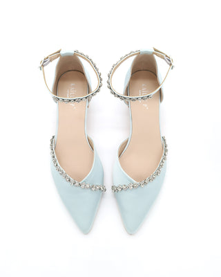 Satin Pointy Toe Low Block Heels Wedding Shoes with Amaryllis Embellishments