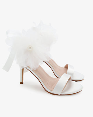 White Satin High Heel Wedding Sandals with Ophelia Flowers