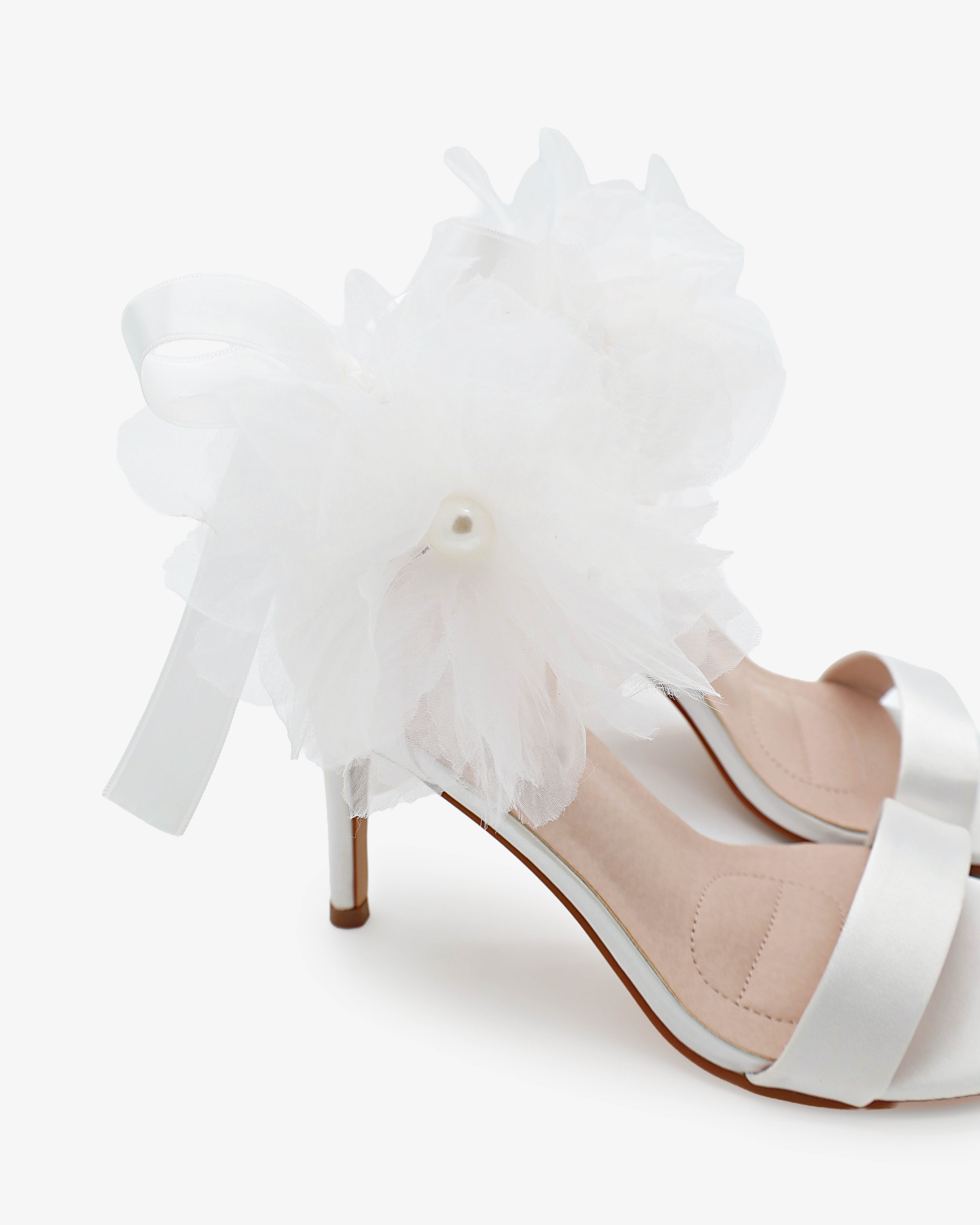 Satin High Heel Wedding Sandals with Ophelia Flowers, Bridal Shoes Satin High Heel Wedding Sandals with Ophelia Flowers, Bridal Shoes