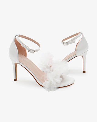 White Satin High Heel Wedding Sandals with Ophelia Ruffles Organza