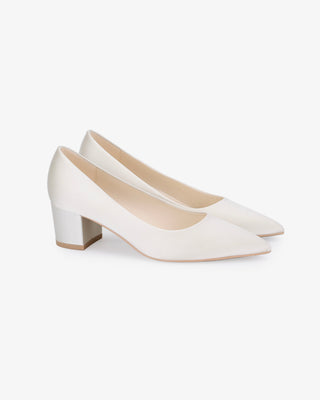 Ivory Satin Pointy Toe Low Block Heels Wedding Pumps, Women Shoes