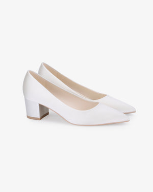 Satin Pointy Toe Low Block Heels Wedding Pumps