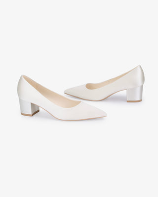 Ivory Satin Pointy Toe Low Block Heels Wedding Pumps, Women Shoes