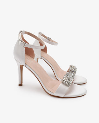 white satin high heel wedding sandals with rhinestones embellishments