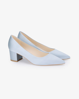 Light Blue Satin Pointy Toe Low Block Heels Wedding Pumps, Women Shoes