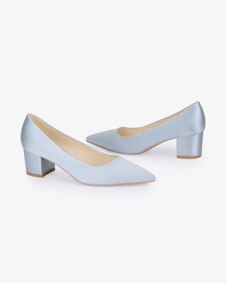 Light Blue Satin Pointy Toe Low Block Heels Wedding Pumps, Women Shoes