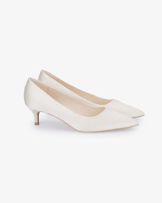Ivory Satin Pointy Toe Kitten Heel Wedding Pumps, Women Shoes