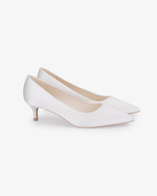 White Satin Pointy Toe Kitten Heel Wedding Pumps, Women Shoes