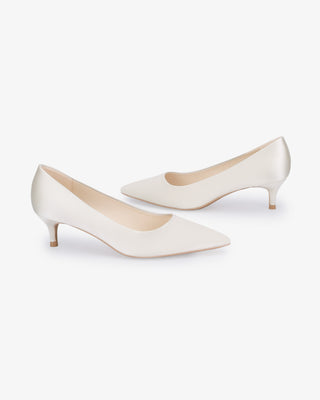 Ivory Satin Pointy Toe Kitten Heel Wedding Pumps, Women Shoes