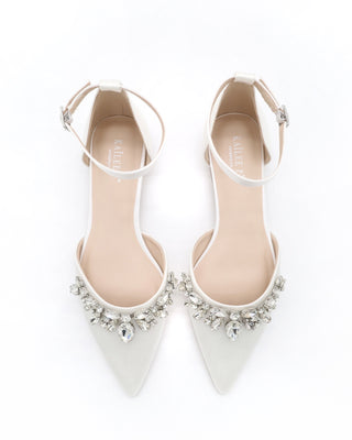 Satin Pointy Toe Flats with Teardrop Rhinestones Embellishments