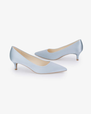 Light Blue Satin Pointy Toe Kitten Heel Wedding Pumps, Women Shoes