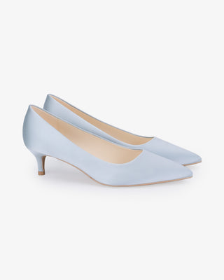 Light Blue Satin Pointy Toe Kitten Heel Wedding Pumps, Women Shoes