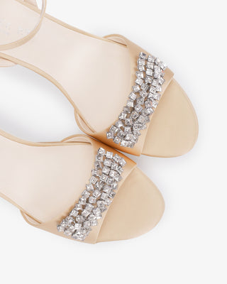 Champagne Satin Platform Block Heel Evening Sandals with Crystelle Rhinestones