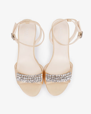 Champagne Satin Platform Block Heel Evening Sandals with Crystelle Rhinestones