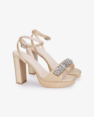 Satin Platform Block Heel Evening Sandals with Crystelle Rhinestones